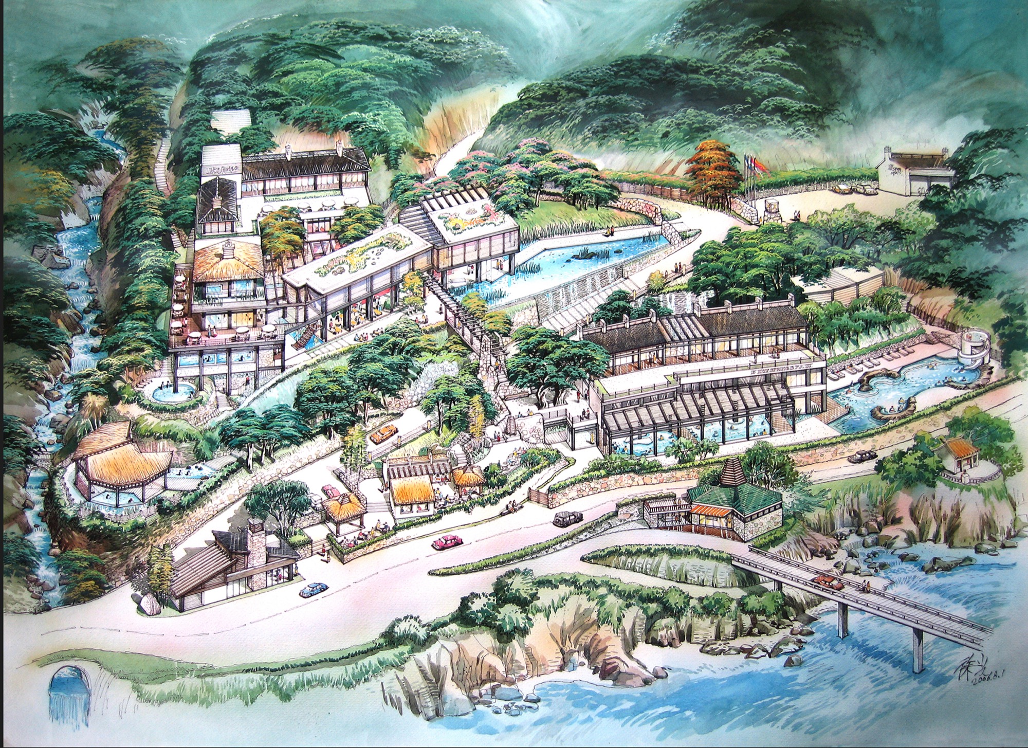 三峽礦坑溫泉山谷基地與溫泉設施手繪鳥瞰圖